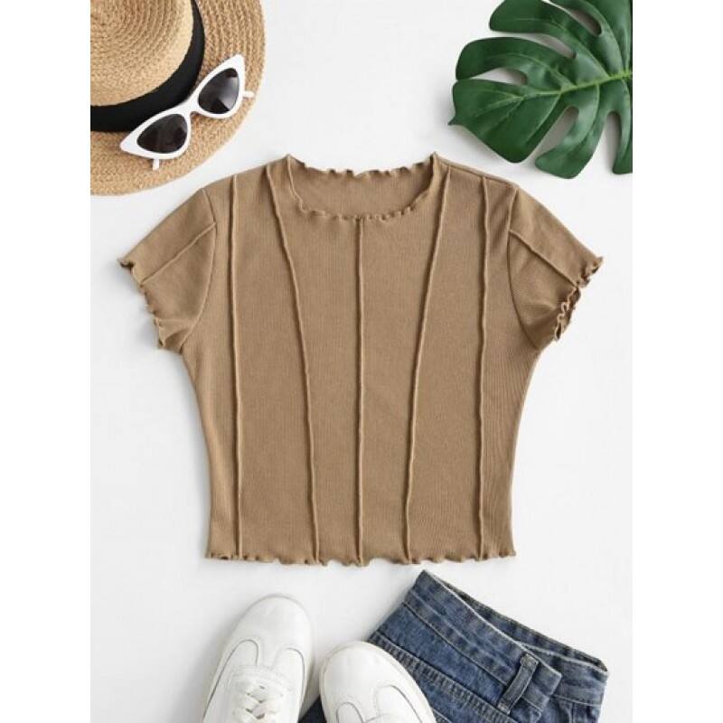 Exposed Seam Rib-knit Lettuce Trim Baby Tee CL8380