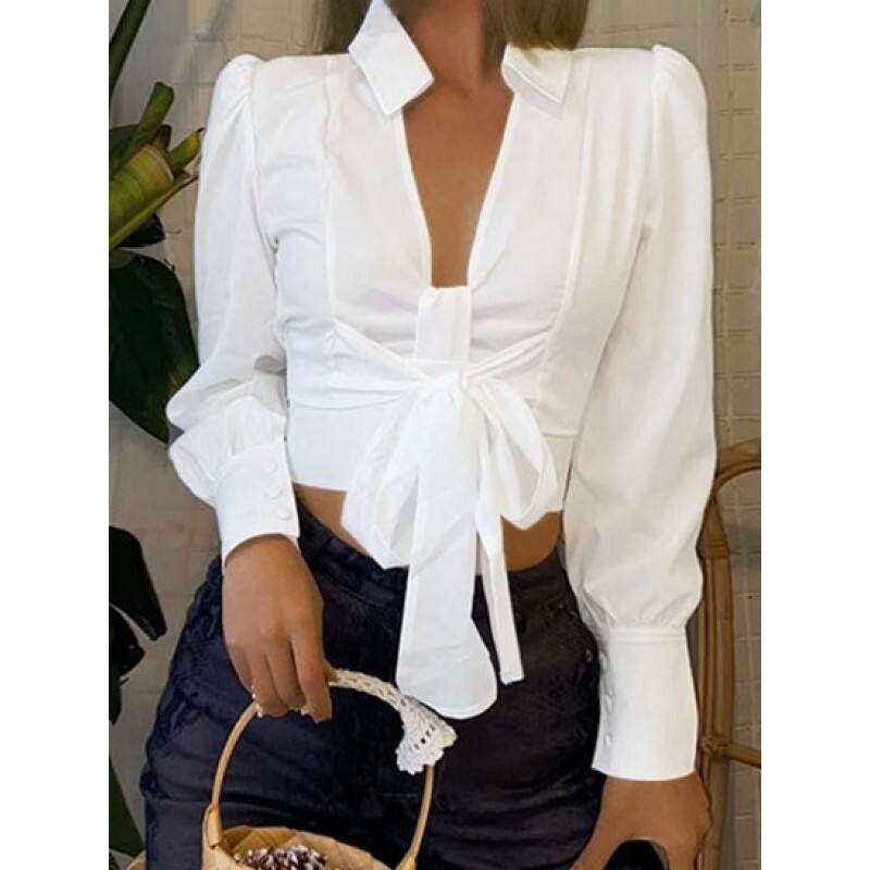 Plunge Front Bowknot Smocked Back Crop Shirt NH5201