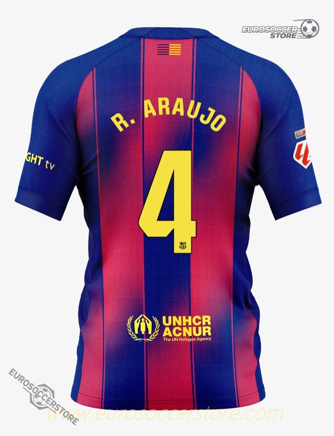 Barcelona's 25-26 Home Jersey, featuring R. ARAUJO with the number 4.