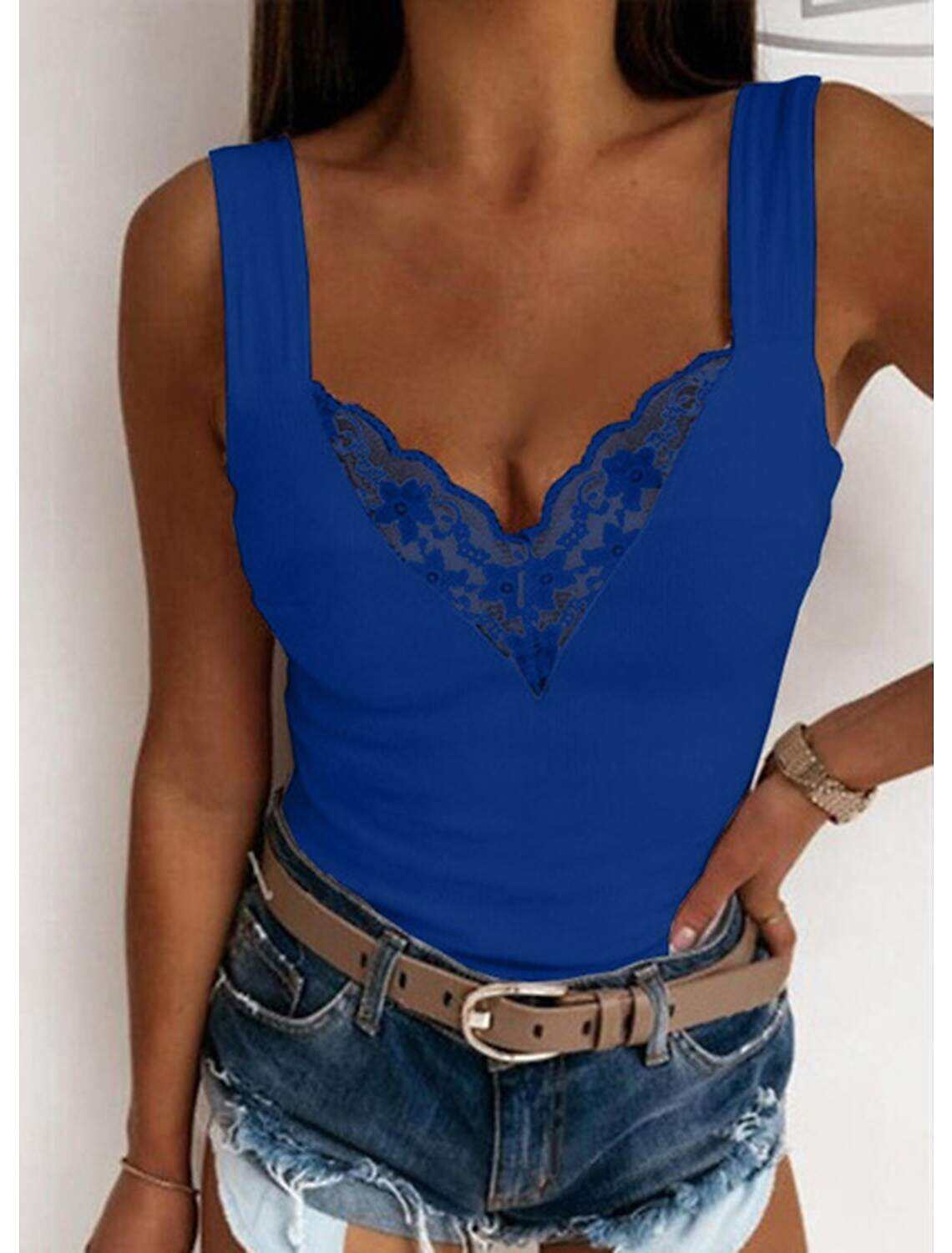 Women's Tank Top Going Out Tops Camis Concert Tops Plain Patchwork Lace Trims Sleeveless Party Daily Basic Sexy Sweetheart Regular S