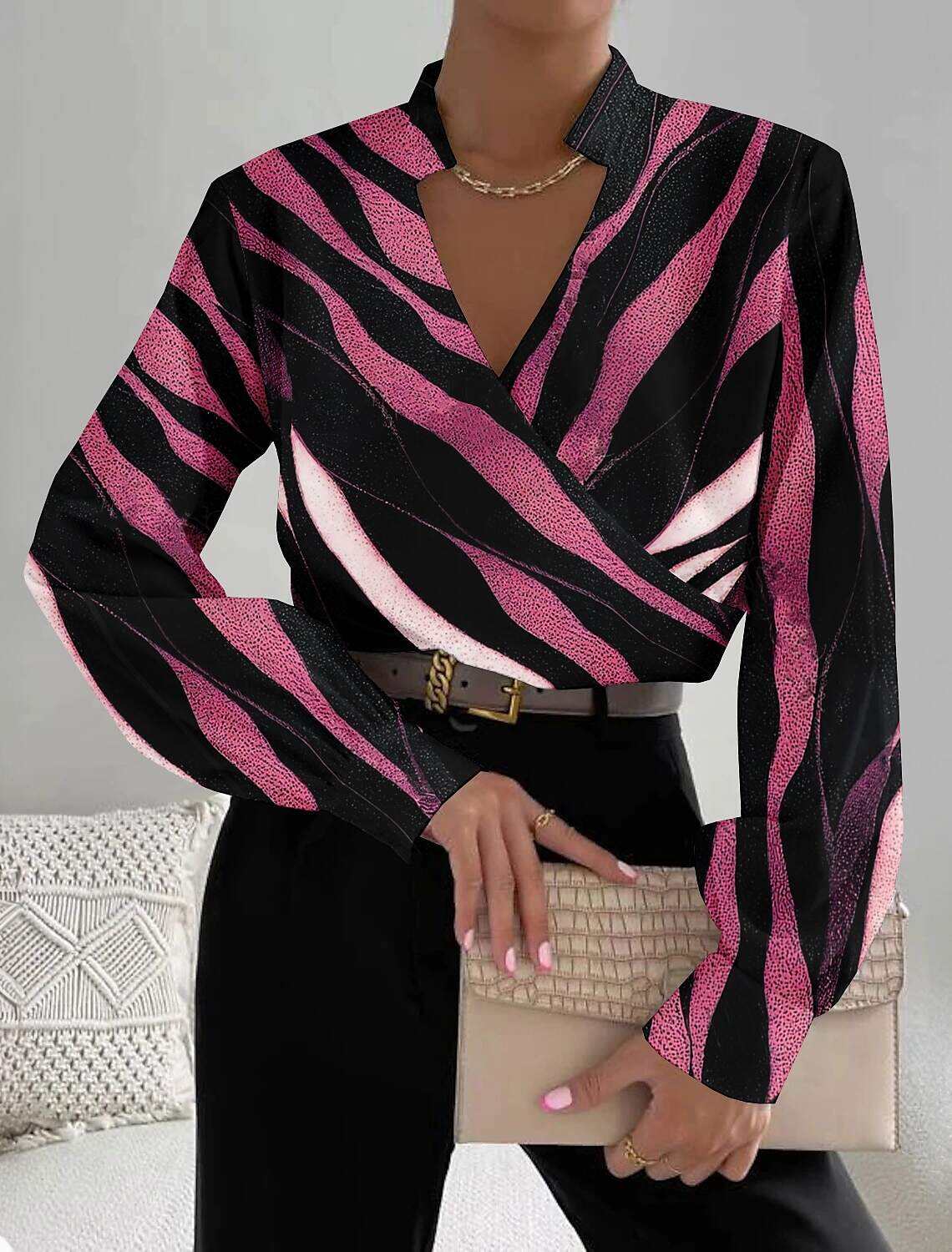 Women's Shirt Blouse Fashion Striped Print Long Sleeve Regular Tops V Neck Work Spring & Fall