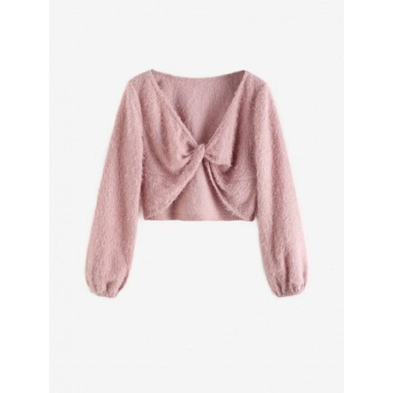 Cropped Twisted Front Fuzzy Textured Top CW6264