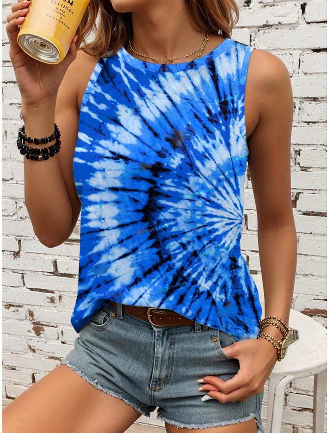 Women's Tank Top Tie Dye Vest Crew Neck Sleeveless Vacation Vintage Ethnic Summer