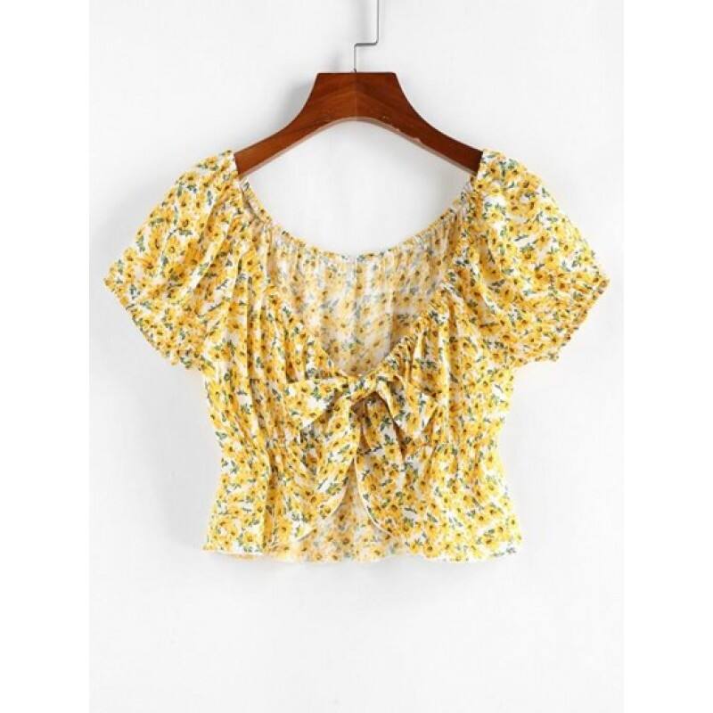 Ditsy Print Tie Front Peplum Blouse OX4841