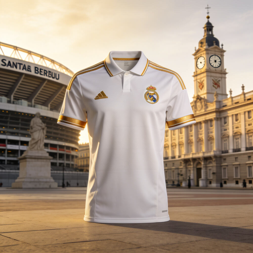 Real Madrid classic white jersey with gold trim: elegance and tradition against the backdrop of Madrid landmarks