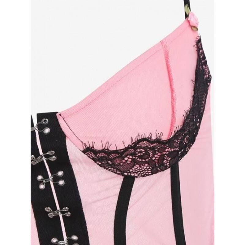 Corset-style Bustier Lace Trim Sheer Mesh Cami Top KZ7647