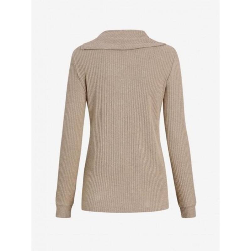 Turn Down Collar Buttoned Ribbed Knit Top CS9884