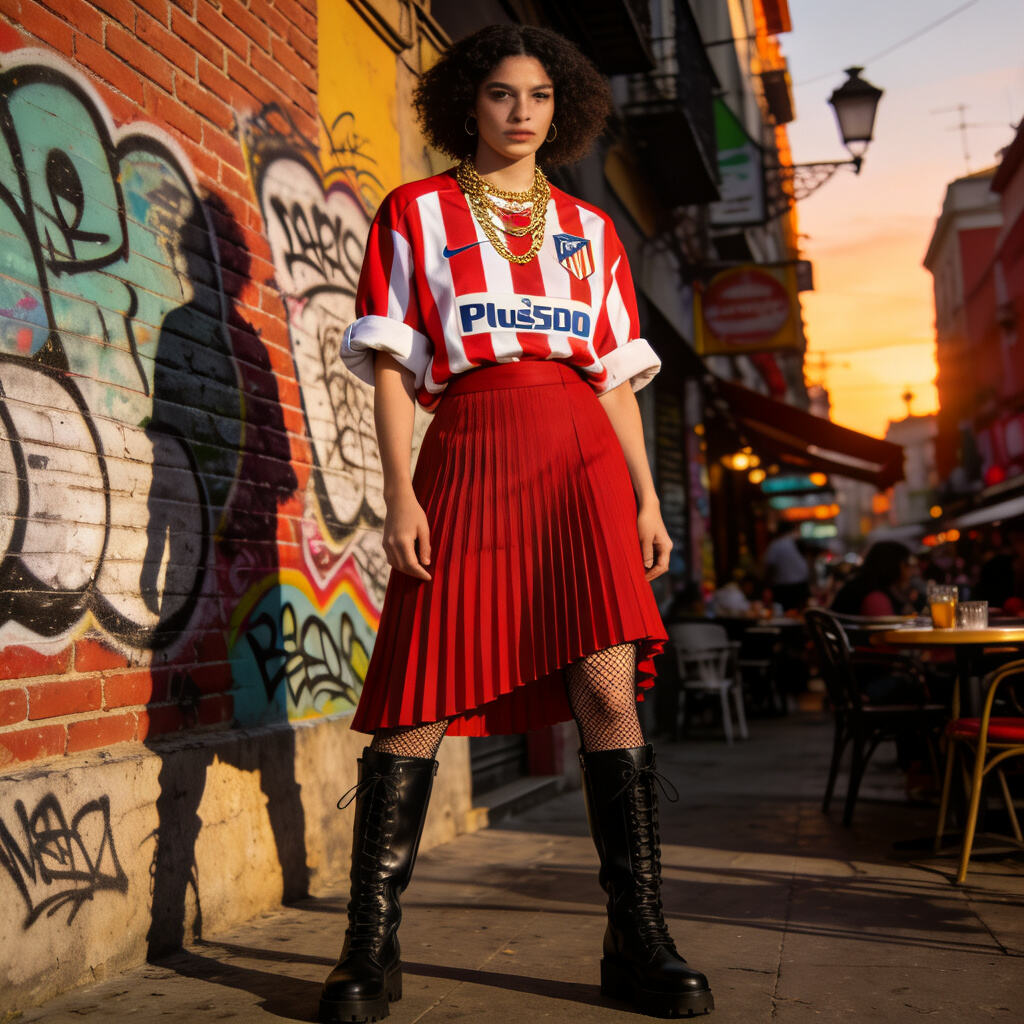 Atletico Madrid's red and white striped jersey paired with a stylish skirt: Avant-garde city style in Madrid's vibrant community