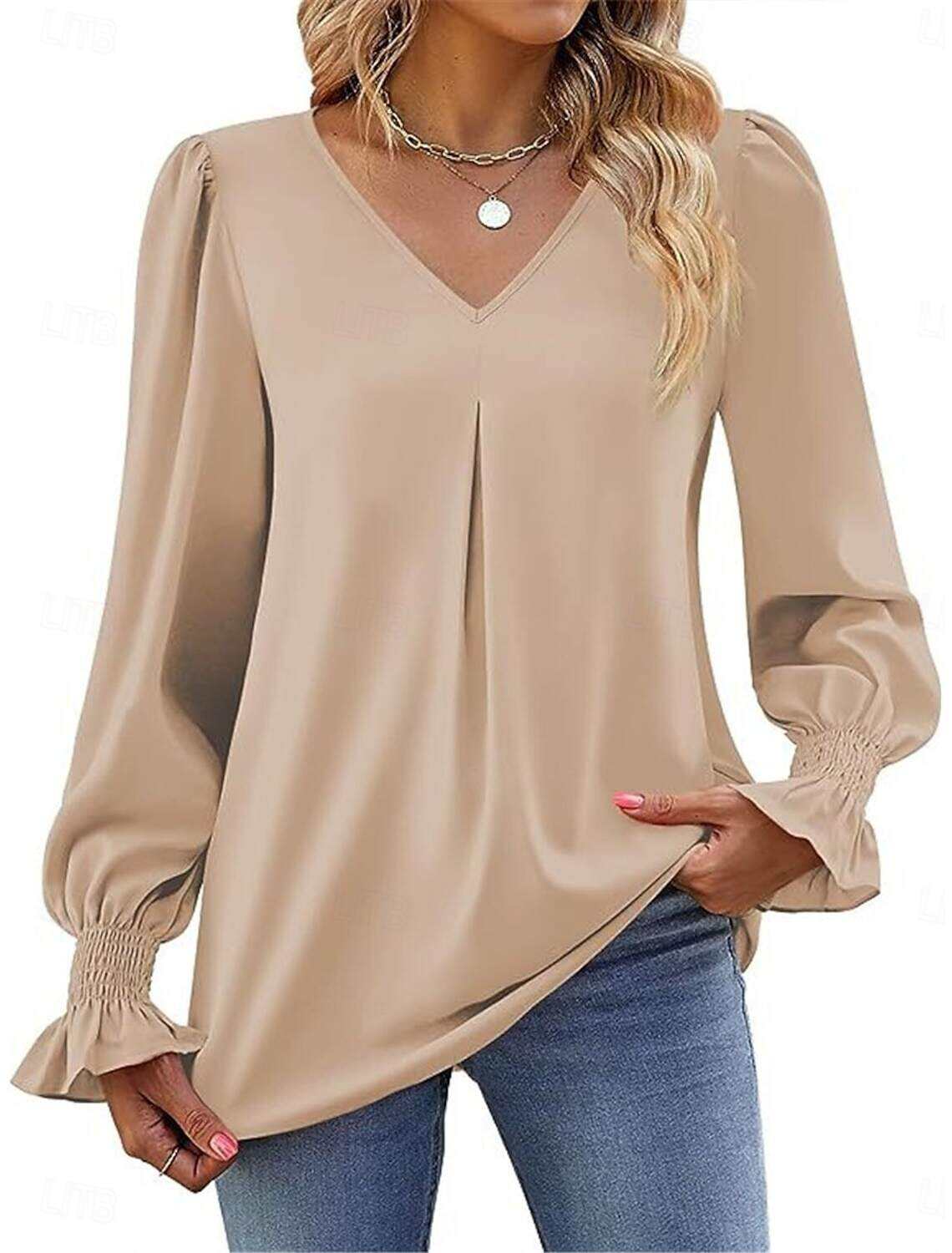 Women's Shirt Blouse Basic Casual Solid Color Regular Tops Long Sleeve V Neck Regular Fit Daily Fall Winter