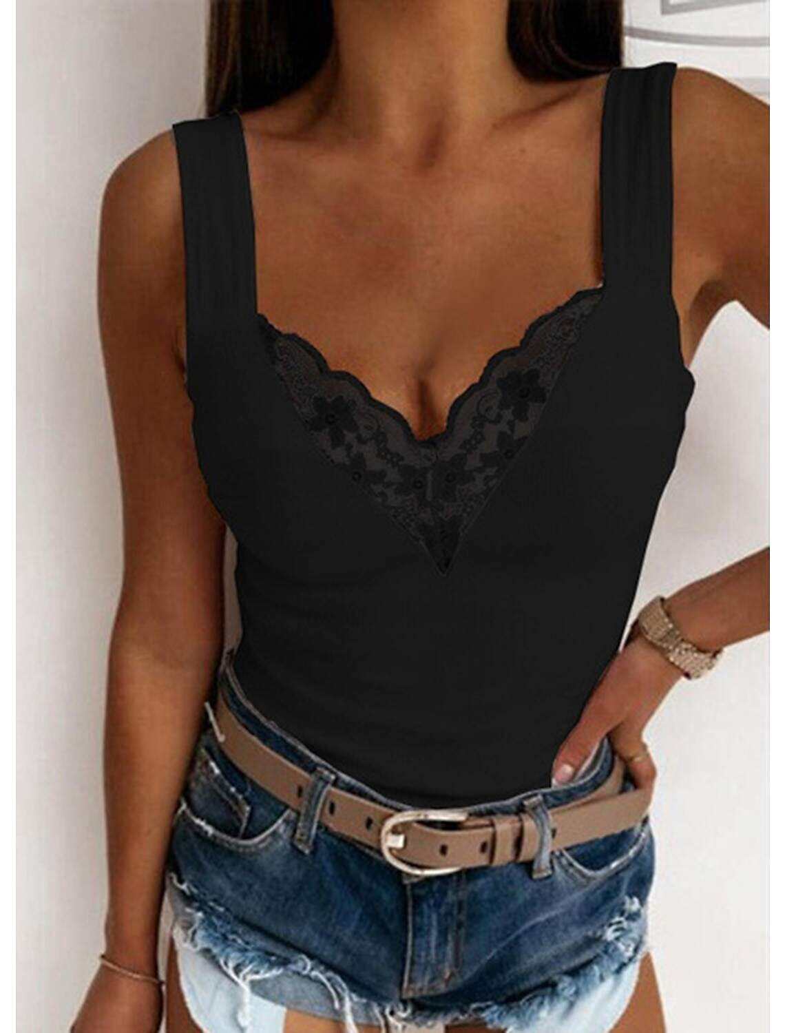 Women's Tank Top Going Out Tops Camis Concert Tops Plain Patchwork Lace Trims Sleeveless Party Daily Basic Sexy Sweetheart Regular S