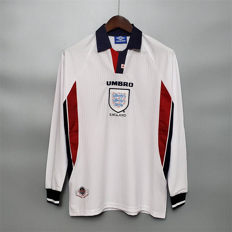1998 England Home White Retro Soccer Jersey Long Sleeve Football
