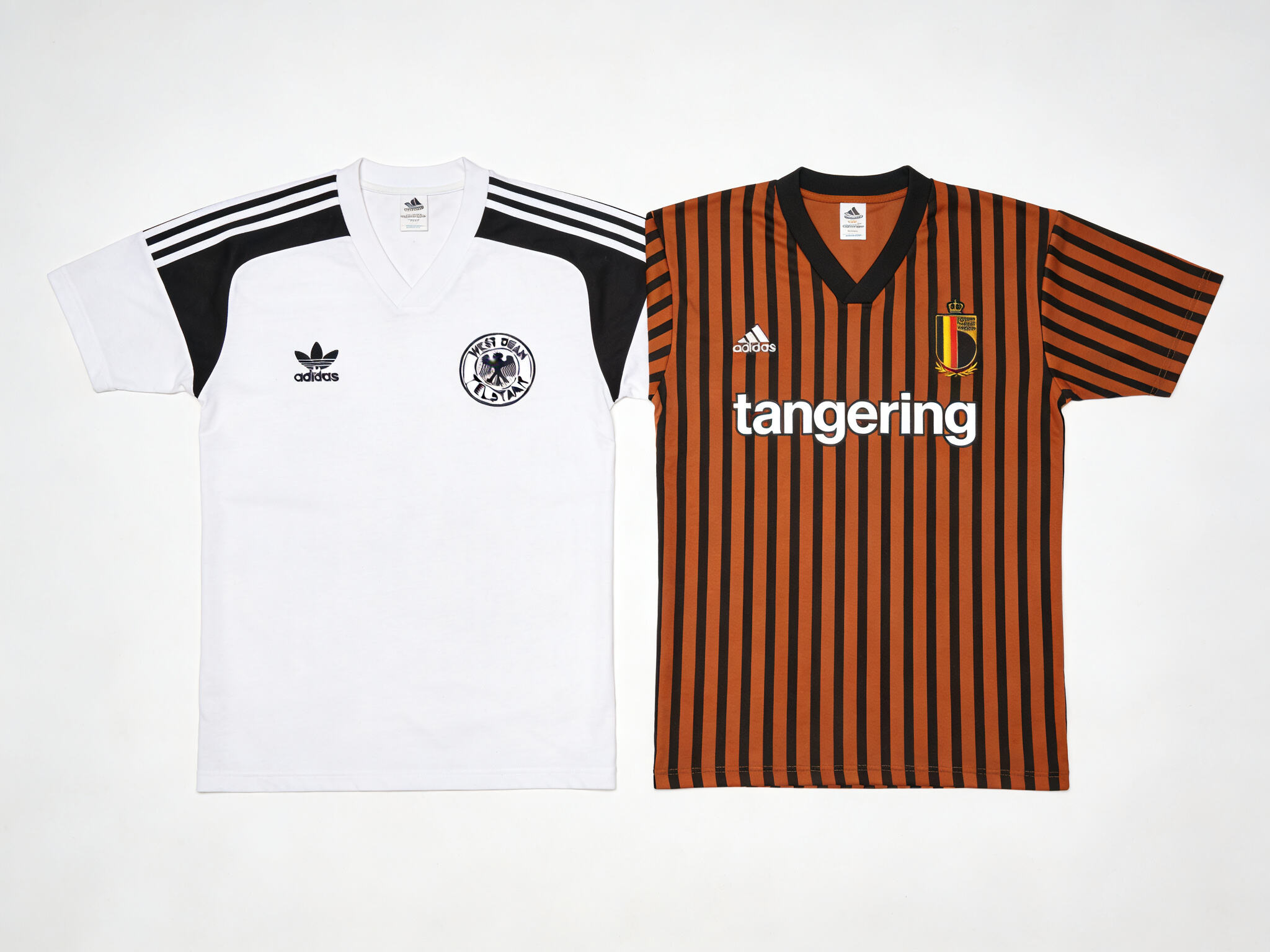 A side-by-side comparison of the West Germany 1972 (Telstar) and Belgium 1980 (Tango) jerseys.