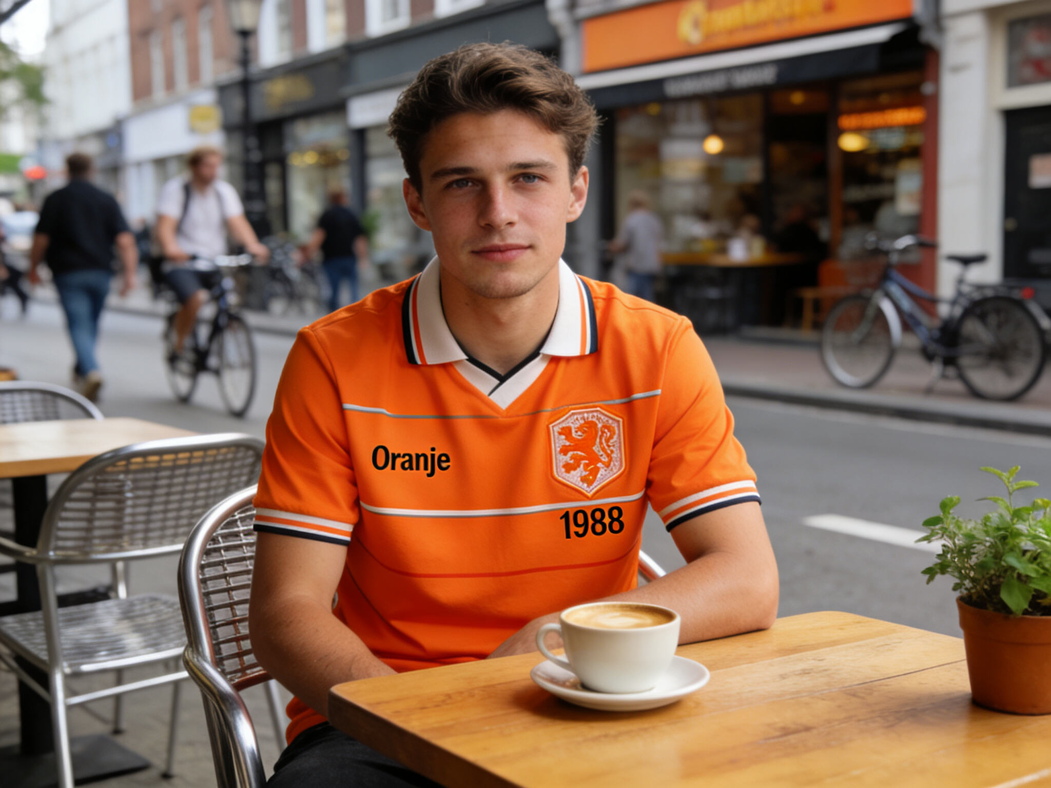 A modern fan wearing a classic-style retro jersey in a casual, contemporary setting