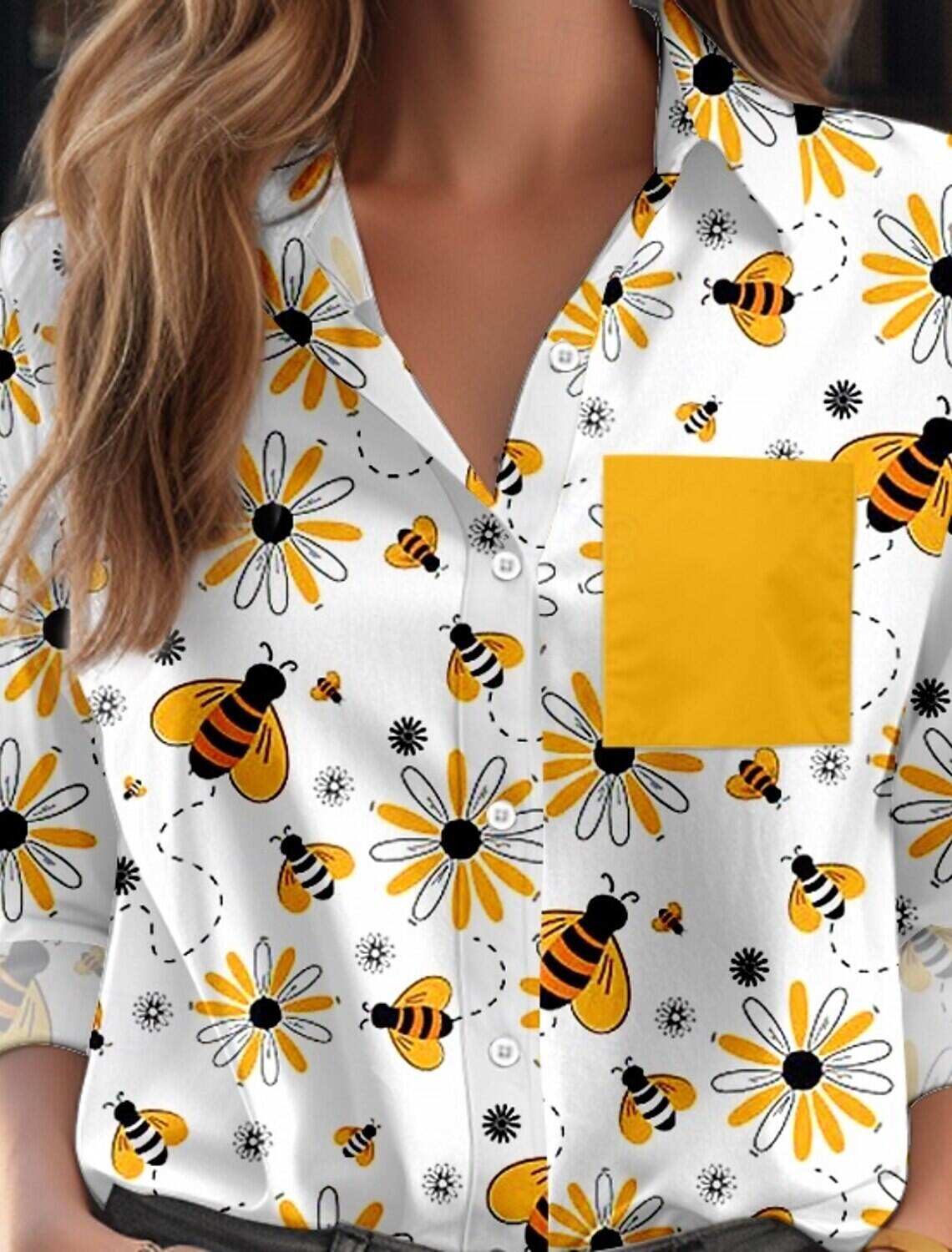 Women's Shirt Blouse Modern Casual Bee Regular Tops Long Sleeve Shirt Collar Buttons Print Regular Fit Work Daily Spring Fall