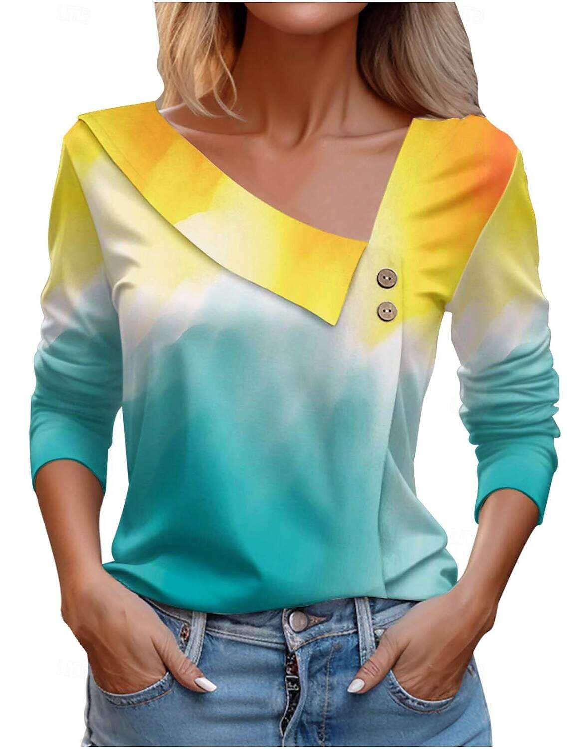 Women's Shirt Blouse Casual Buttons Print Long Sleeve Regular Tops V Neck Daily Spring & Summer
