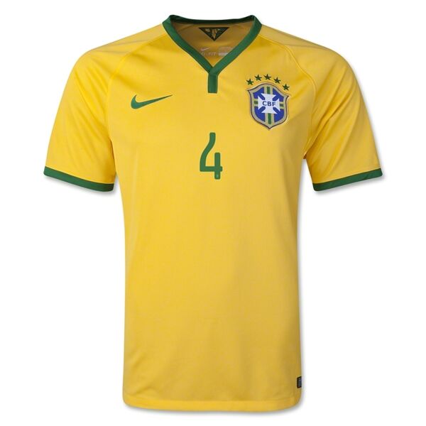 Breathable 2014 Brazil 4 DAVID LUIZ Home Yellow Jersey Shirt