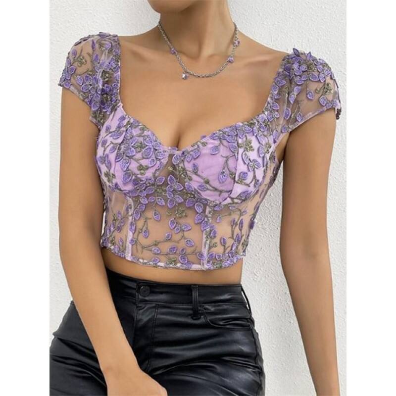 Leaves Embroidered Sheer Mesh Bustier Cropped Top FU4232