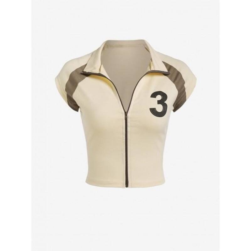 Full Zip Collared Colorblock Cropped Tee VS0995