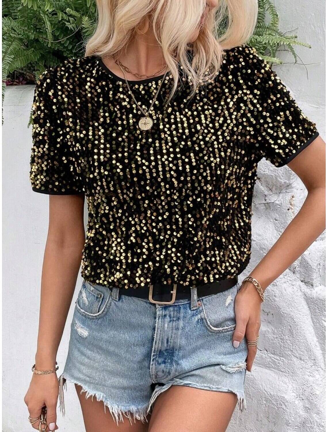 Women's T Shirt Fashion Modern Casual Plain Regular Tops Short Sleeve Crew Neck Sequins Regular Fit Daily Weekend Summer Spring