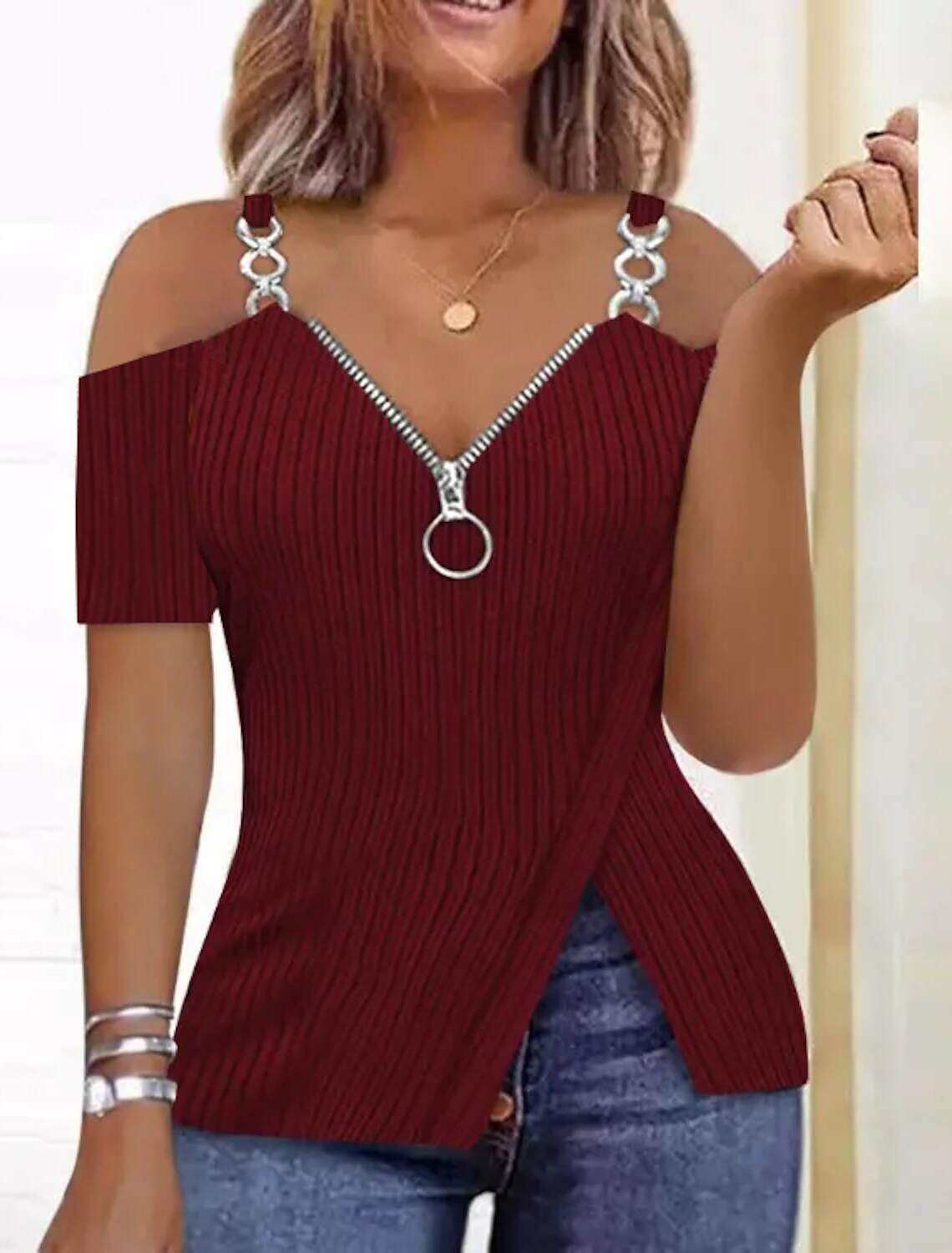 Women's Blouse Classic Casual Plain Regular Tops Short Sleeve Cold Shoulder V Neck Half Zip Quarter Zip Regular Fit Casual Summer Spring Fall