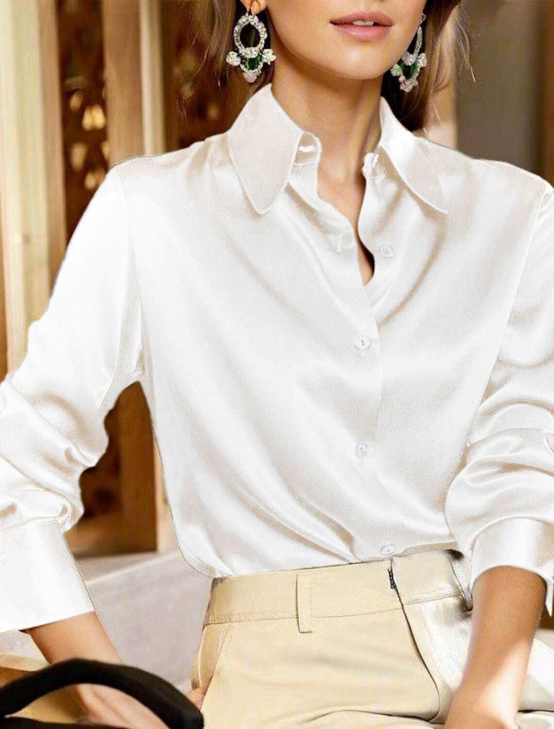 Women's Shirt Blouse Business Basic Mature Solid Color Plain Regular Tops Long Sleeve Shirt Collar Buttons Regular Fit Work Casual Daily Spring & Fall