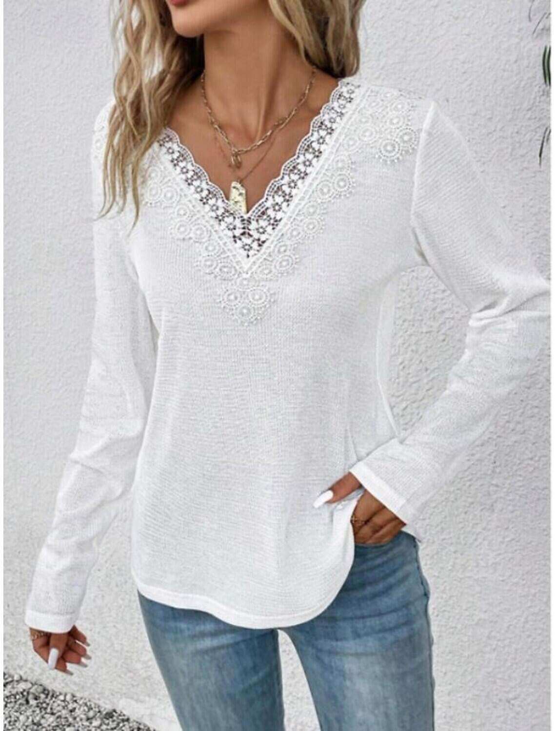 Women's Elegant Lace Tops Eyelet Blouse Casual Lace Long Sleeve Regular Tops V Neck Daily Romantic Petite Tops Summer Holiday Wear Spring Fall Semi Formal Blouses