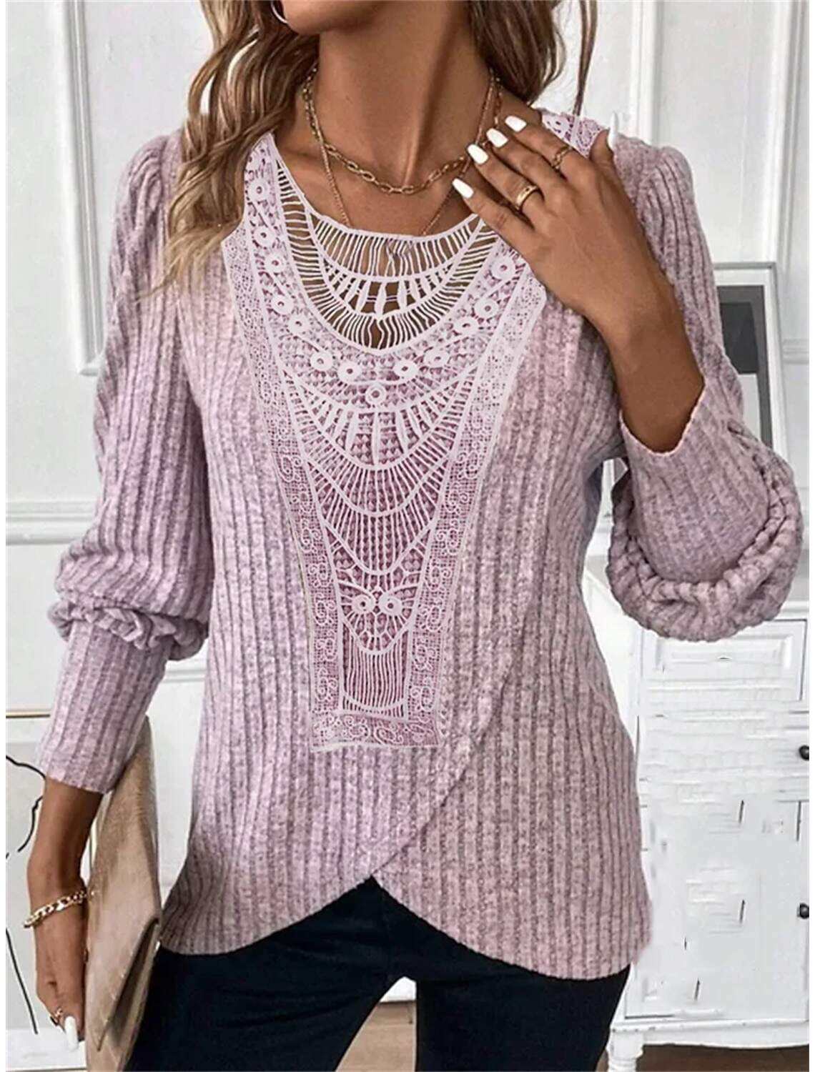 Women's Blouse Dressy Tops Casual Lace Long Sleeve Regular Tops Crew Neck Daily Spring & Fall