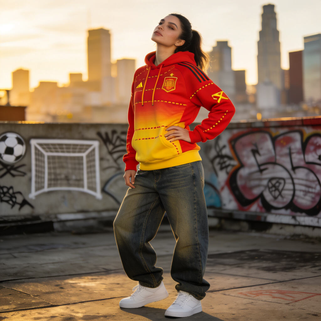 Spanish Flair Hoodie Inspired by Spain's La Roja - Abstract gradient design with subtle football elements