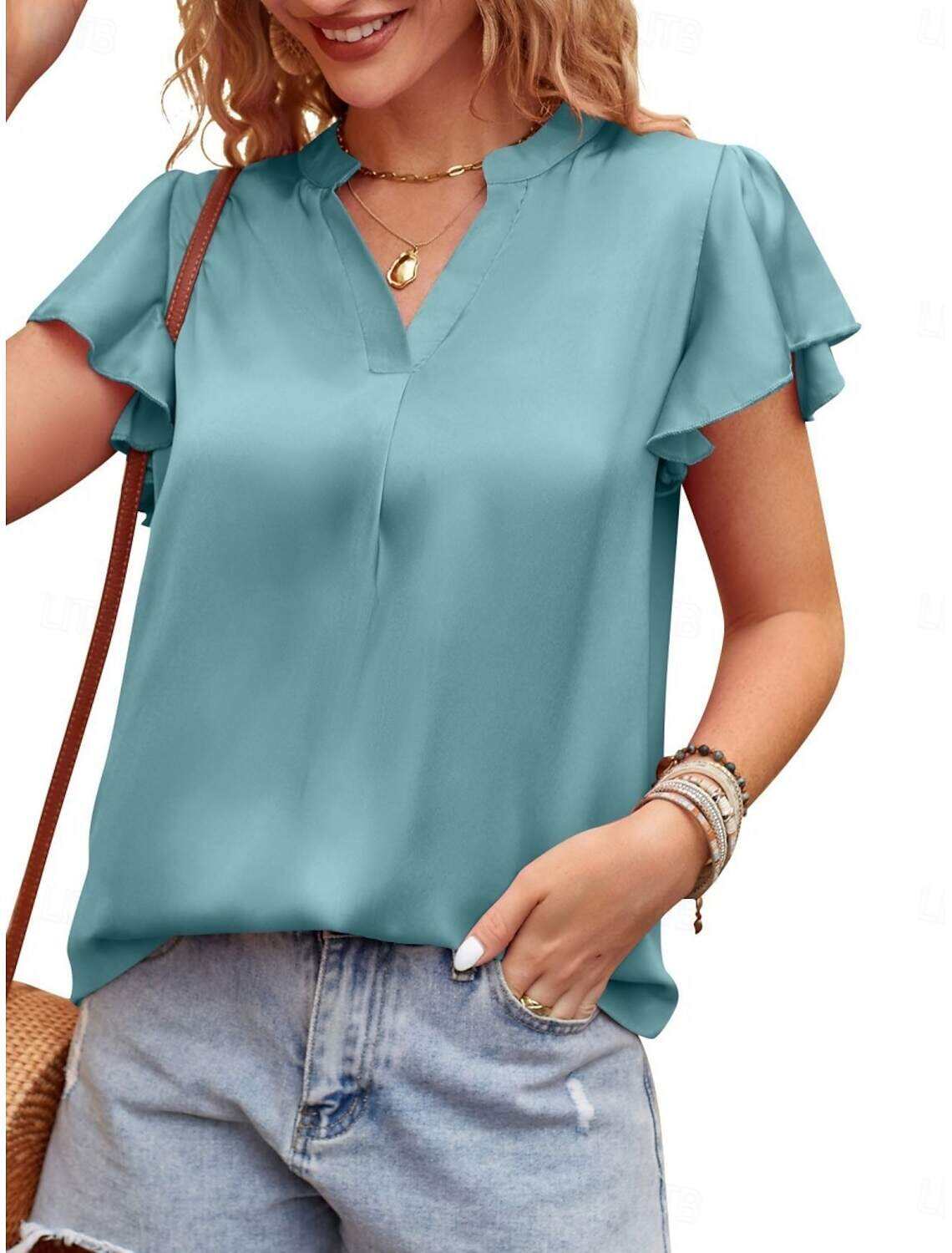 Women's T Shirt Fashion Modern Formal Plain Regular Tops Short Sleeve V Neck Ruffle Regular Fit Formal Wear Summer