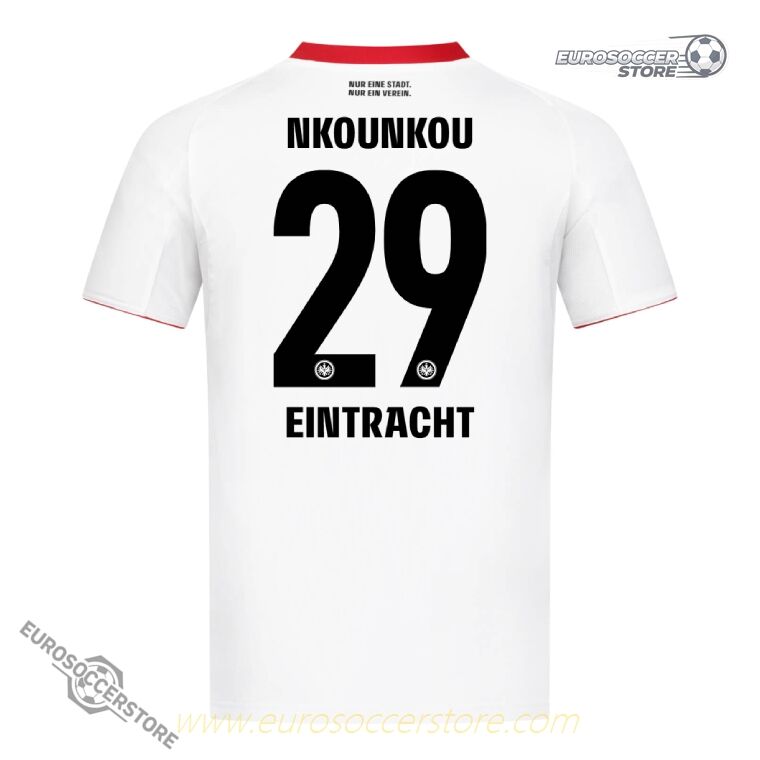 The away jersey of Eintracht Frankfurt for the 25-26 season, featuring NKOUNKOU with the number 29.