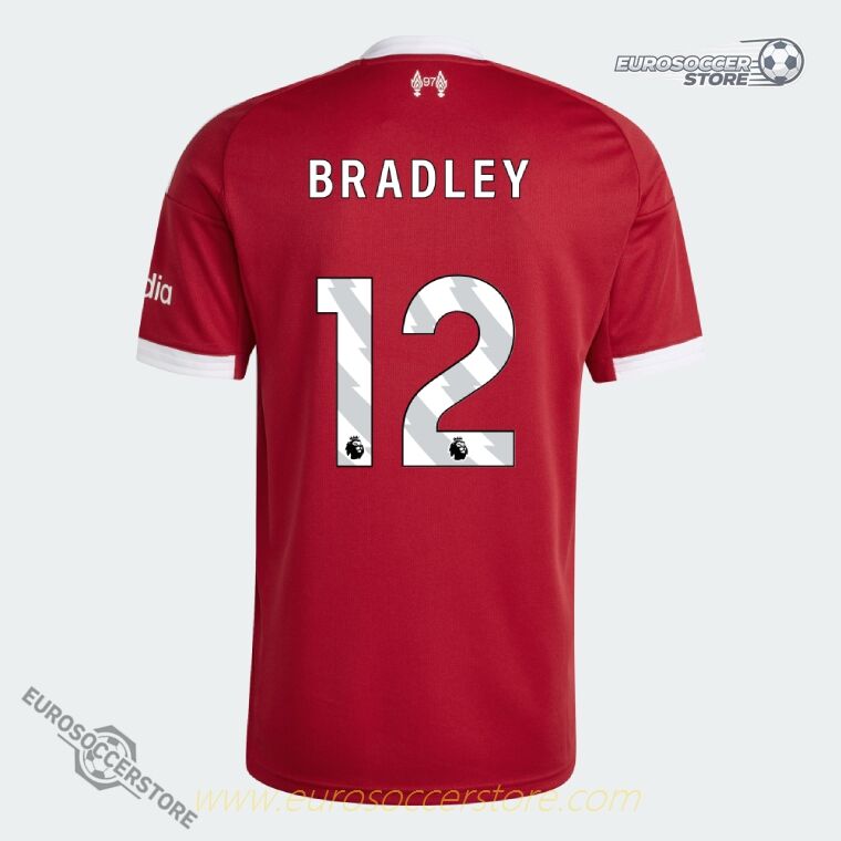 The Liverpool Home Jersey for the 25-26 season, featuring BRADLEY and the number 12.