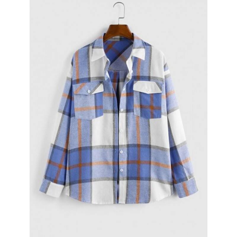 Plaid Double Pockets Button Up Shacket UJ6645