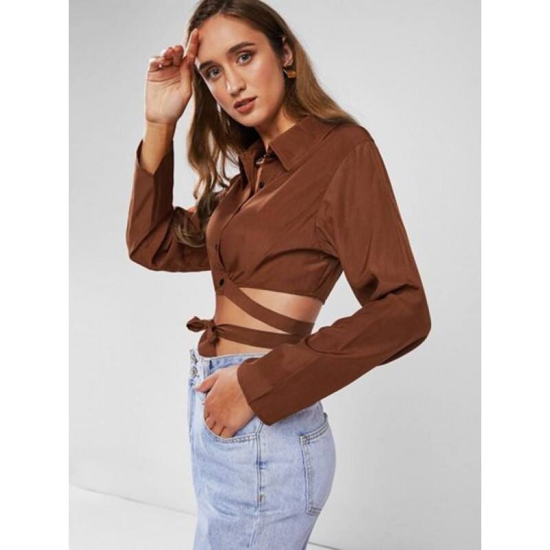 Button Up Midriff Flossing Crop Shirt RQ9431