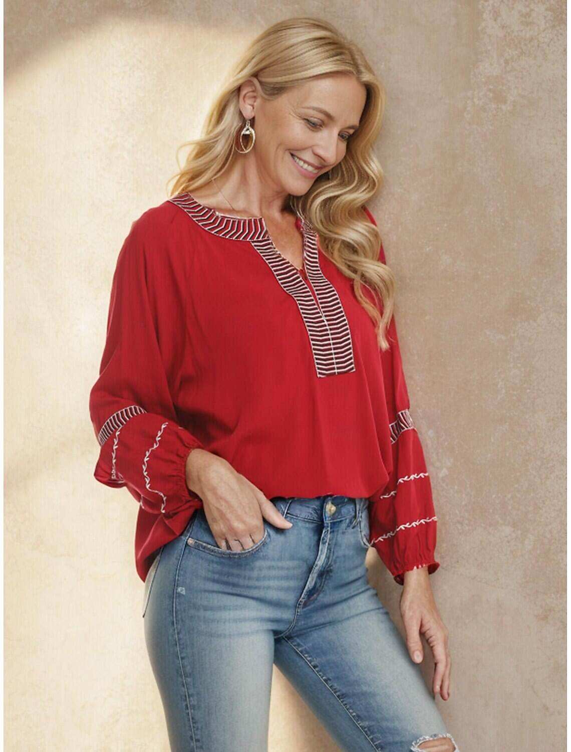 Women's Tunic Designer Shirt Rayon Bohemian Style Mature Color Block Striped Embroidered Long Sleeve Long Tops V Neck New Year Work Spring & Fall