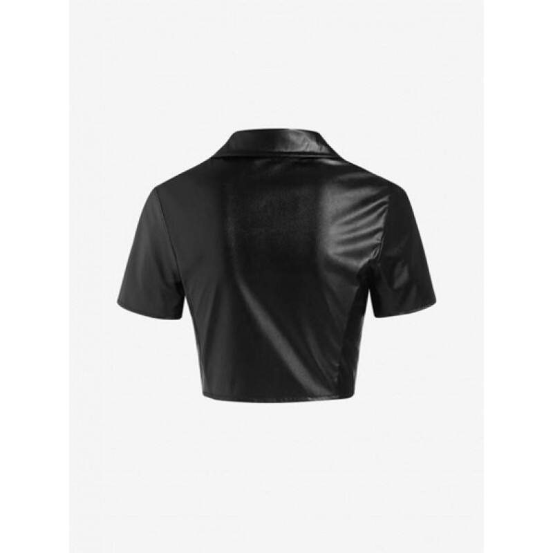 Snap Button Faux Leather Cropped Shirt DY3468