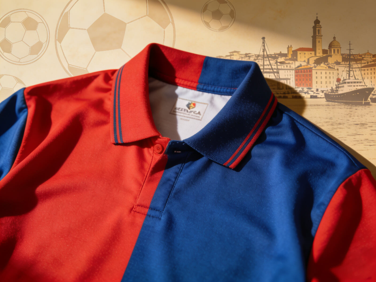 Close-up of Genoa CFC's iconic half-red half-blue football jersey, the oldest club in Italy's historic kit design
