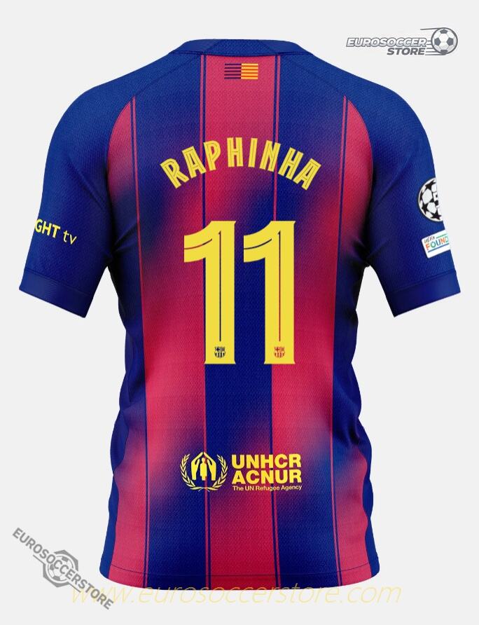 Barcelona's 25-26 Champions League Home Jersey featuring RAPHINHA, wearing the number 11