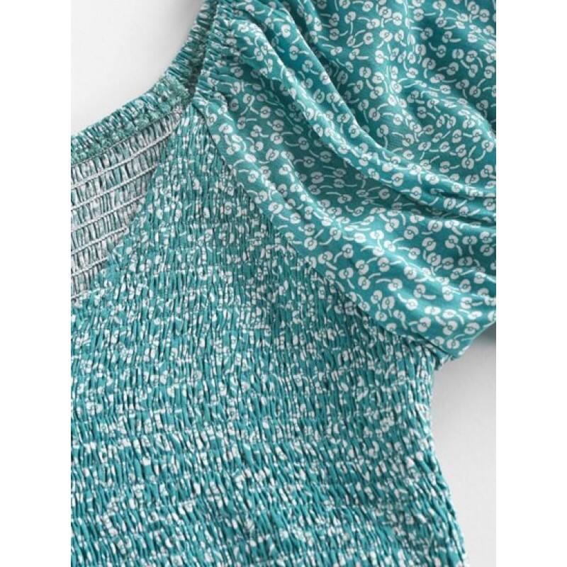 Ditsy Print Smocked Puff Sleeve Peplum Blouse XW4836