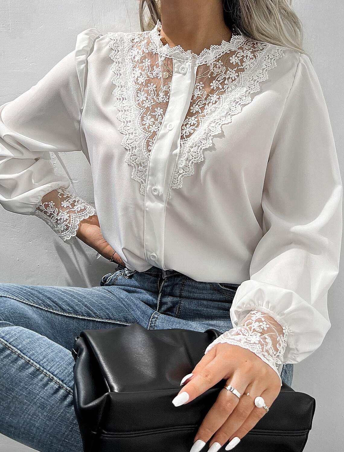 Women's Blouse Stylish Modern Lace Long Sleeve Regular Tops Crew Neck Work Daily Spring Fall