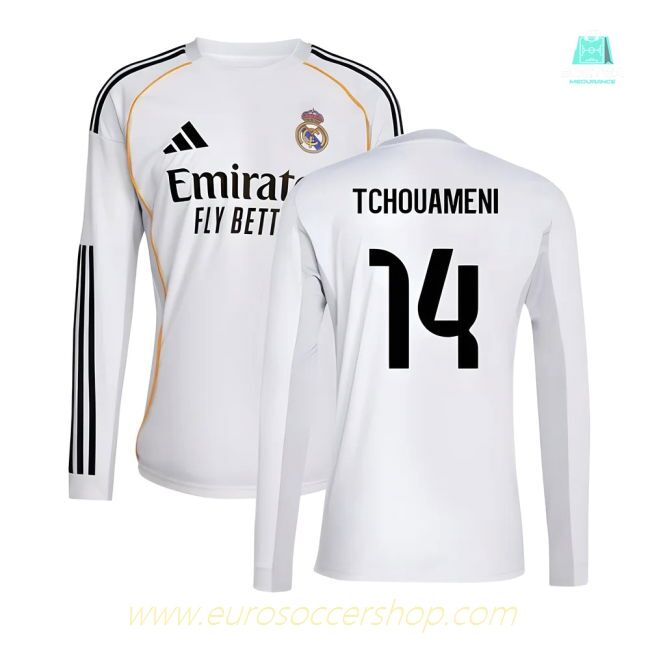 2025-2026 Real Madrid Long Sleeve Home Shirt (Tchouameni 14)