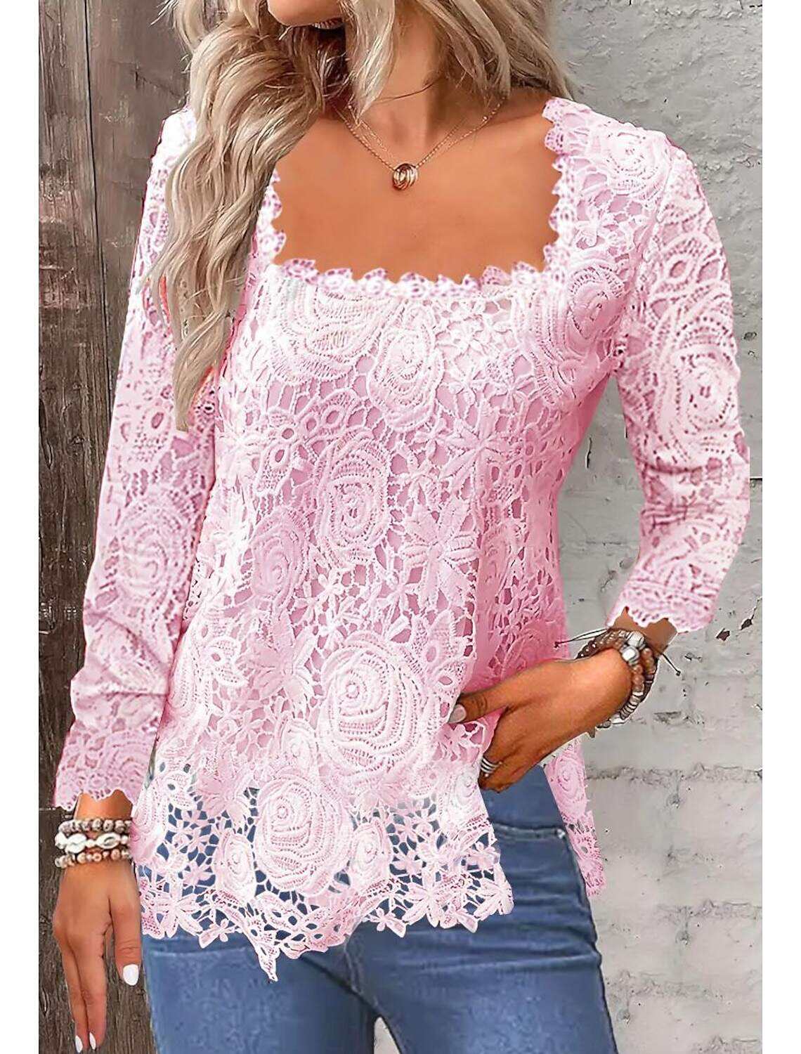 Shirt Lace Shirt Blouse Eyelet top Women's Plain Lace Street Daily Fashion Square Neck Regular Fit S