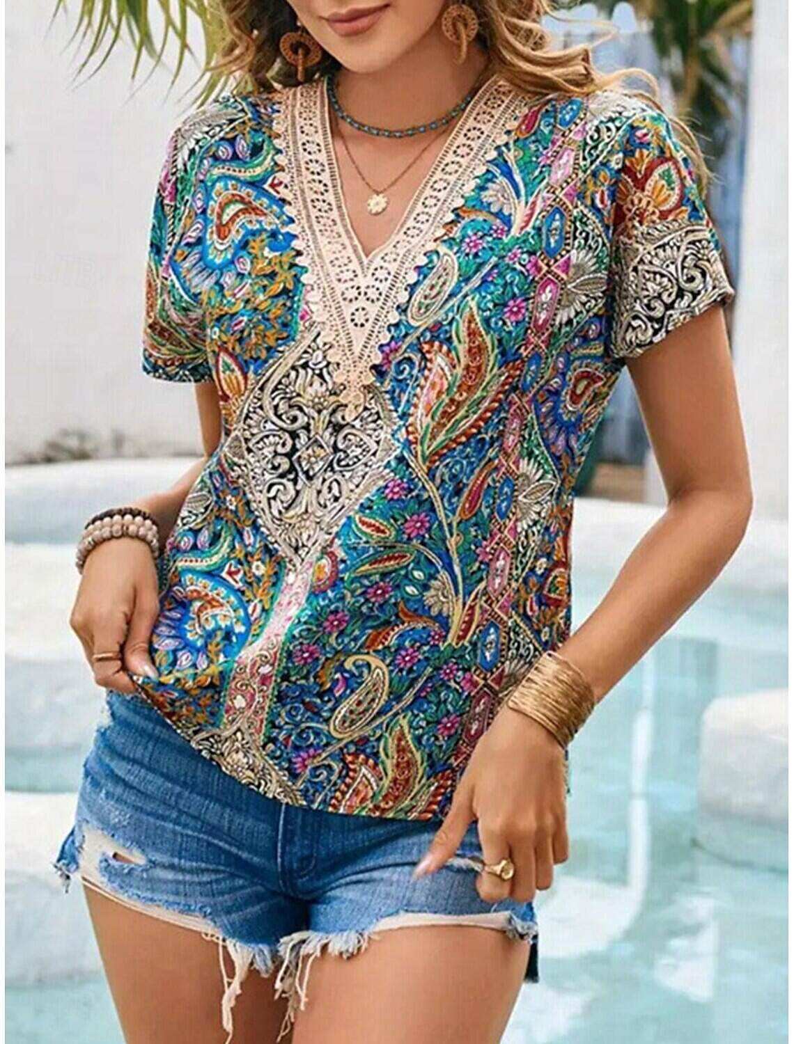 Women's Tunic Daily Stylish Graphic Regular Tops Short Sleeve Cap Sleeve V Neck Contrast Lace Regular Fit Vacation Daily Summer Spring Fall