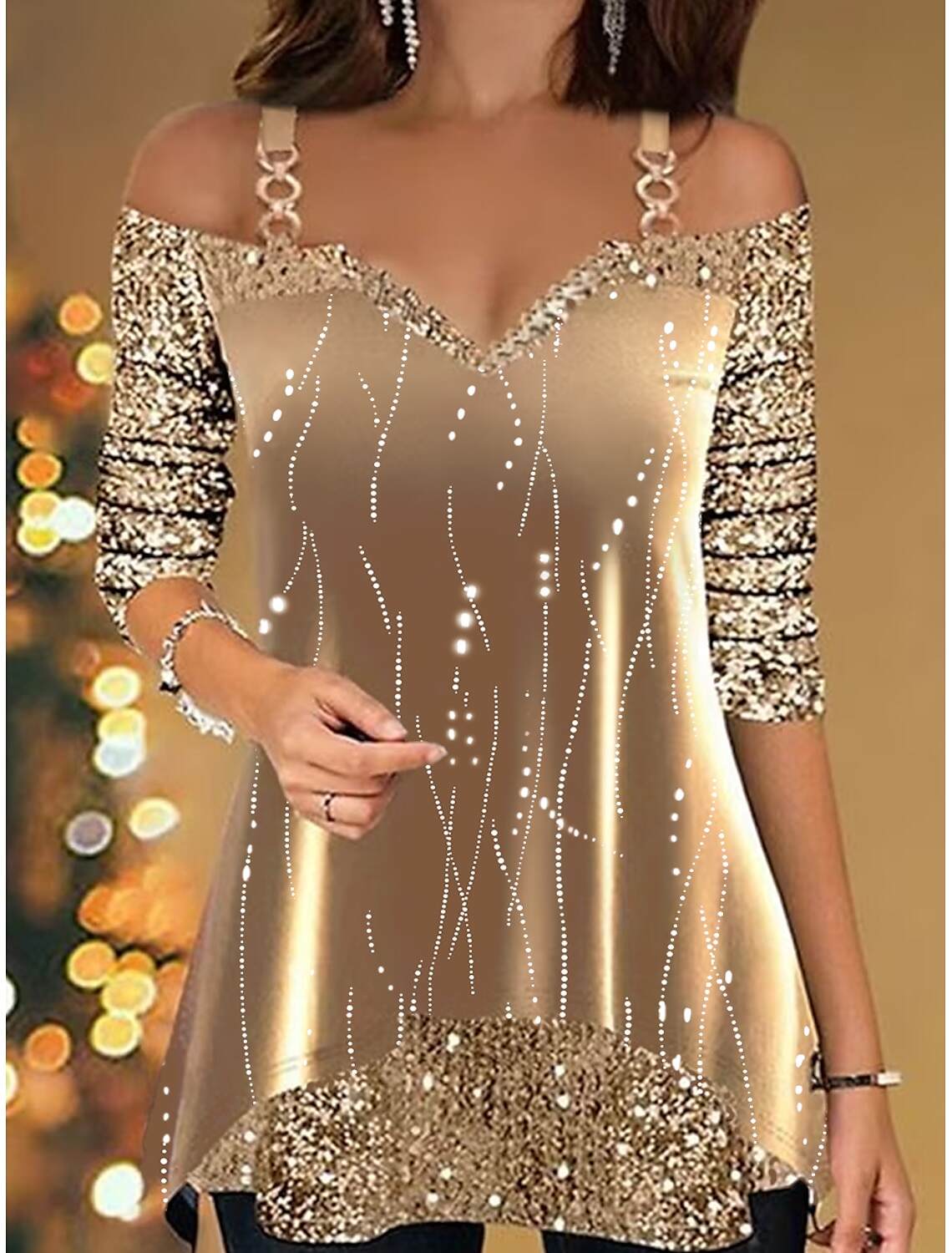 Women's Shirt T Shirt Blouse Shirt Velvet Festival / Holiday Striped Sparkly Sequins Print Cold Shoulder Long Sleeve Regular Tops V Neck Party Weekend Spring & Fall