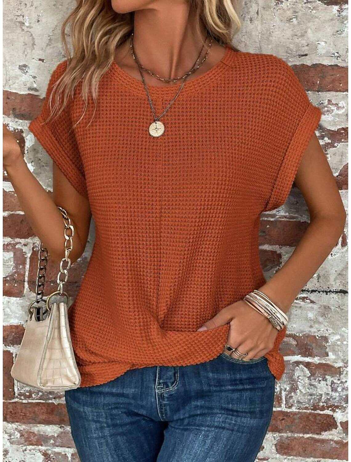 Women's Knitted Top V-neck Short Sleeve Elastic Soft Burnt Casual Loose Fit Versatile Spring Fall Clothing Apparel