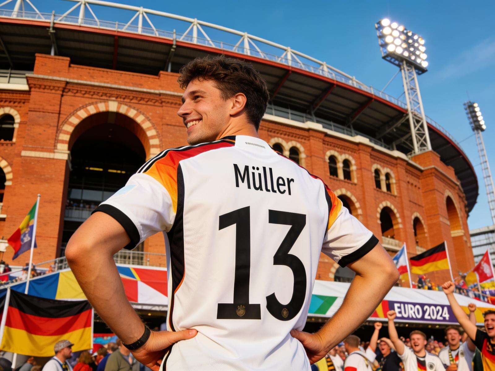 A diverse group of friends/family at a watch party or in a European city square, all wearing cohesive but uniquely personalized jerseys from the same nation, laughing and celebrating.
