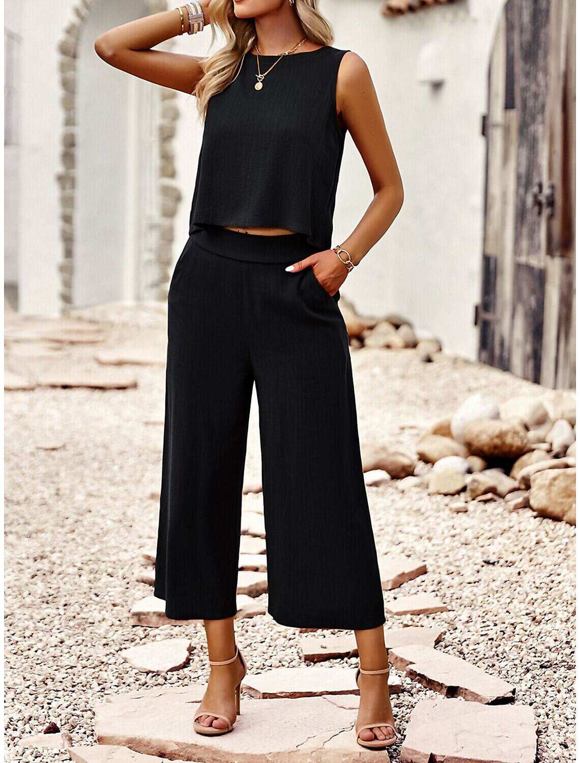 Tank Top Pants Sets Women's Solid Color Casual Daily Fashion Round Neck Regular Fit S