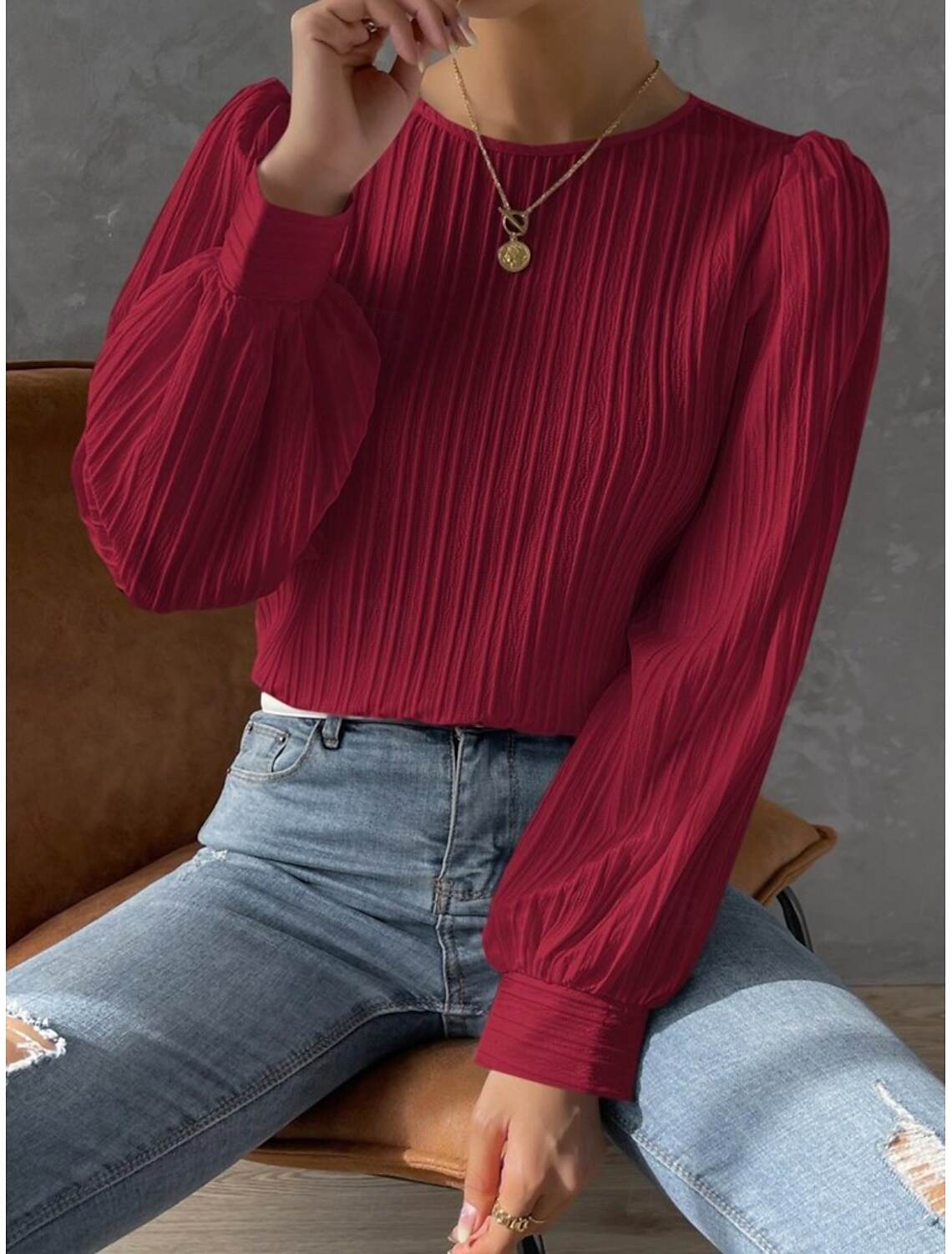 Women's Tunic Elegant Casual Solid Color Lantern Sleeve Long Sleeve Regular Tops Crew Neck Daily Spring Fall