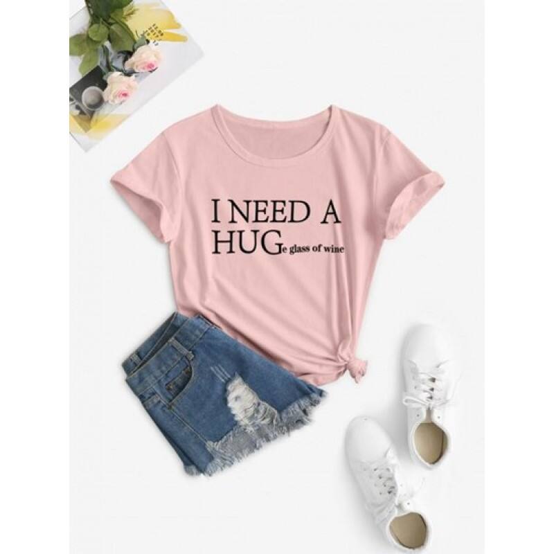I Need A Huge Glass Of Wine Print Short Sleeve T Shirt YM2975