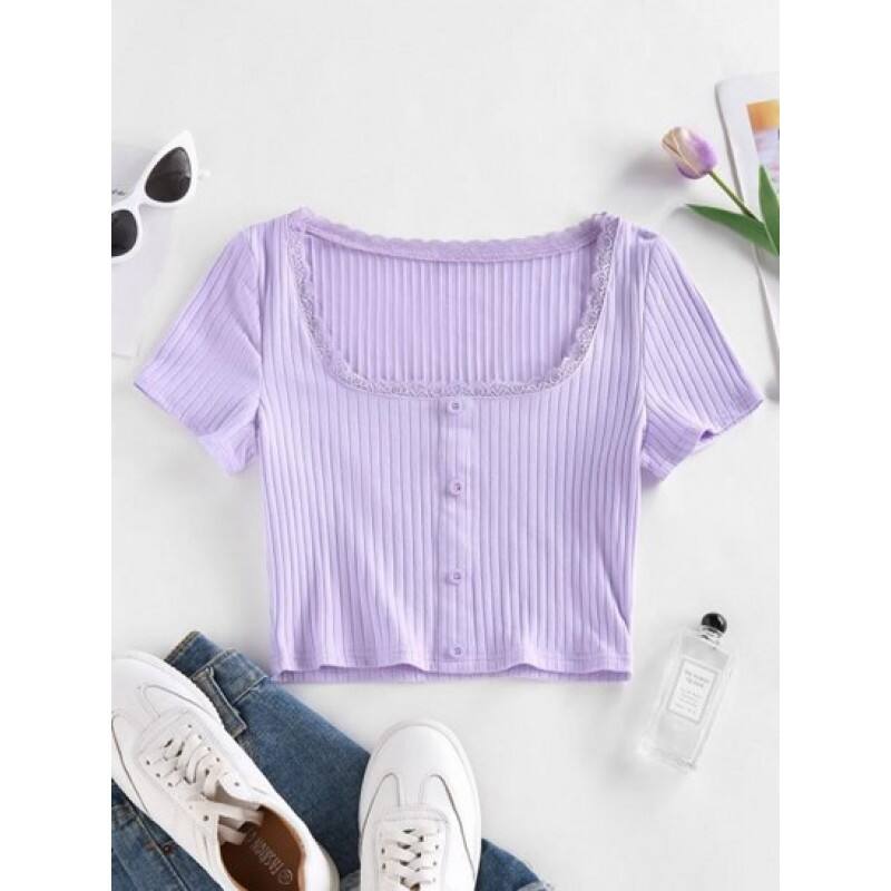 Ribbed Lace Insert Mock Button T Shirt NX0726