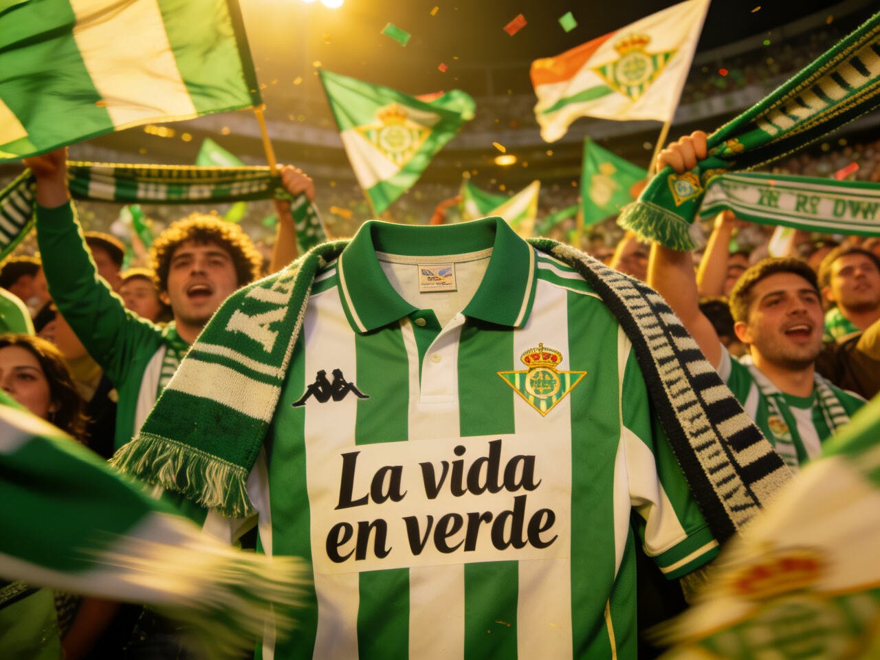 A Real Betis jersey surrounded by scarves and flags in a celebratory, festive crowd scene.